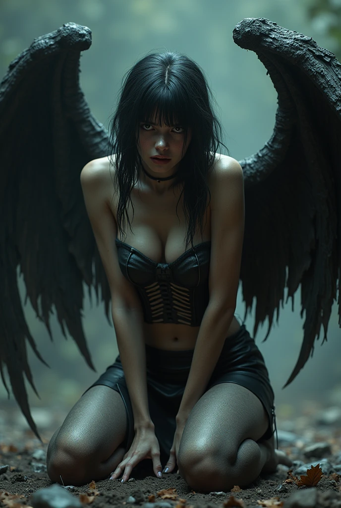 A girl in the image of a fallen angel with bone wings and a bone corset, black leather skirt, crouching, tight panties, dark demonic terrifying, many details, gloomy atmosphere, extremely detailed, 8k, hyperdetailed, masterpiece