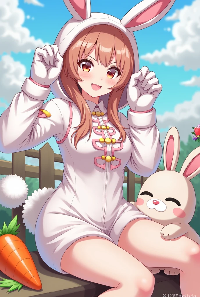 anime character with a carrot and a rabbit in a costume, anime style, from girls frontline, fine details. girls frontline, girls frontline universe, girls frontline style, girls frontline, girls frontline cg, 2 0 2 2 anime style, 2022 anime style, pixiv contest winner, wearing a bunny suit, concept art 2022,