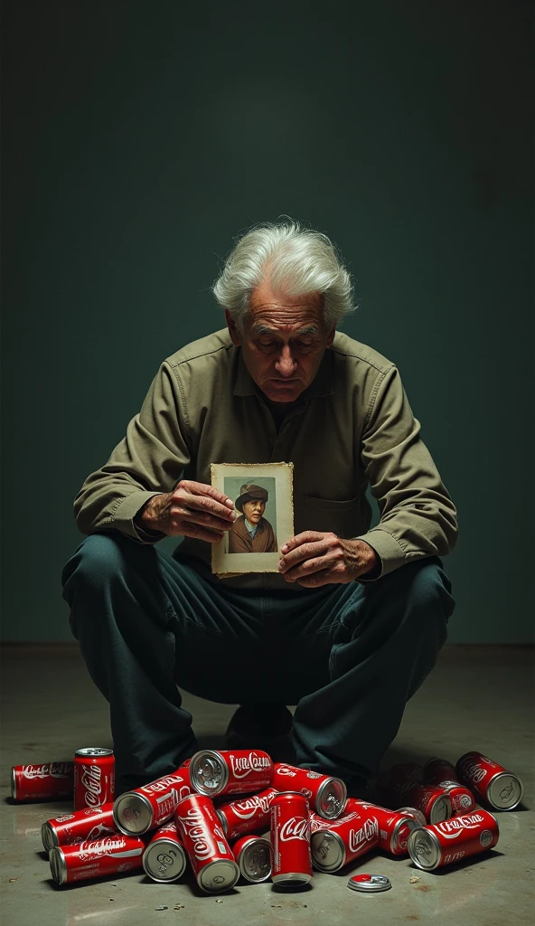 "A sad person looking at a pile of empty Coca-Cola cans, holding a photo of their younger, healthier self."