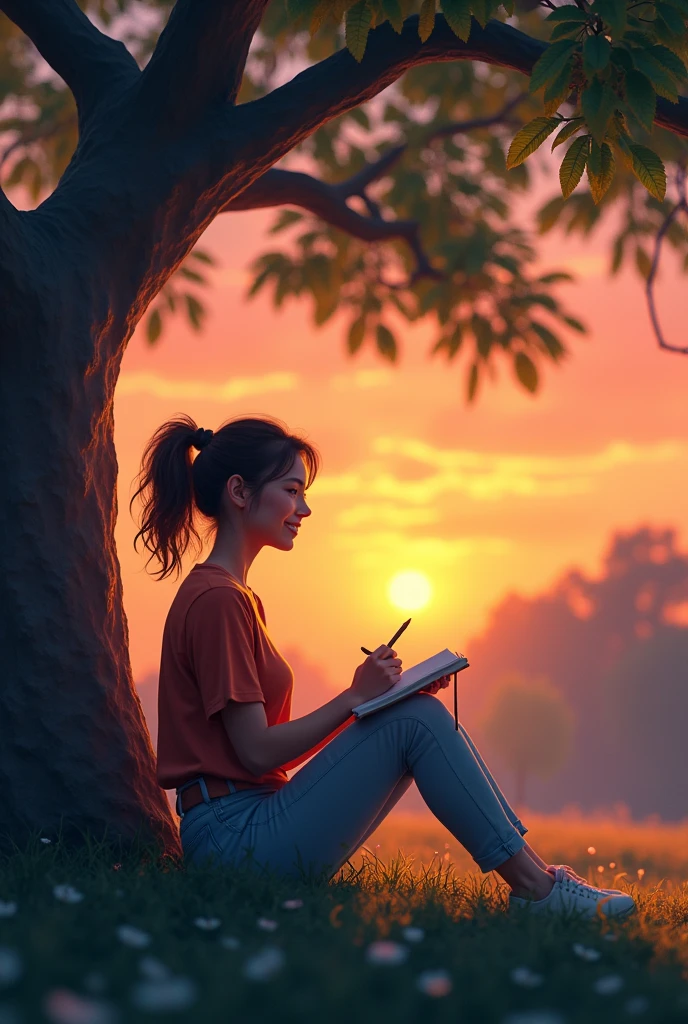 In a peaceful park at dusk, a young woman is seated under the shade of a leafy tree, with an open notebook in her lap and a pen in hand. She wears casual and comfortable clothes, ideal for a moment of reflection outdoors. Her gaze lost on the horizon, mixed with a slight smile of satisfaction, reveals that she is immersed in her memories, seeking inspiration in her own life experiences. Around her, the park bids farewell to the day with the vibrant colors of the sunset, reflecting the richness and diversity of stories that each person carries. The serene environment.