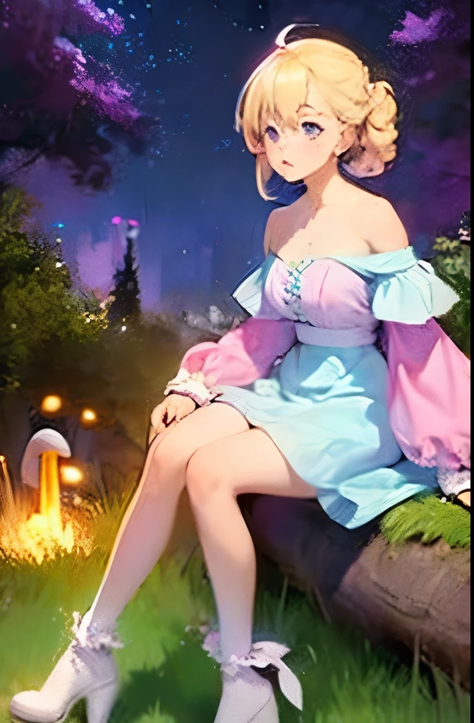 Light blonde haired anime girl with pale blue purple eyes wearing pink off shoulder puffy sleeves dress and knee length white boots sitting in the woods next to an orange mushroom surrounded by fireflies under starry sky sitting