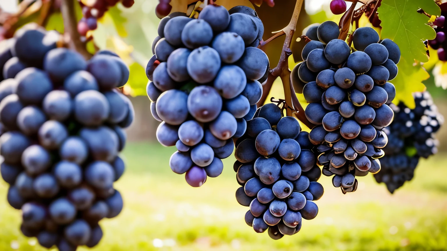 Close-up of grapes hanging on trees，The grapes are each full and round，super realistic food picture, primitive, 5D, Beautiful, warm, delicacy, Realistic，32K UHD，STYLE RAW, tmasterpiecePhoto level，