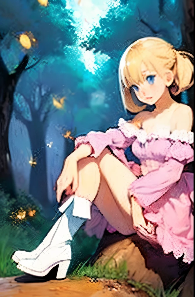Light blonde haired anime girl with pale blue purple eyes wearing pink off shoulder puffy sleeves dress and knee length white boots sitting in the woods next to an orange mushroom surrounded by fireflies under starry sky sitting