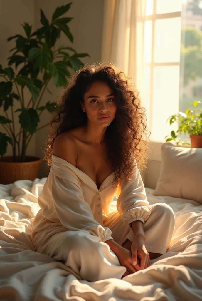 (photorealism:1.2), beautiful woman, sitting on bed, wearing loose off-shoulder top, pajama pants, long curly hair, indoors, soft lighting, plants in background, window with sunlight, cozy room, relaxed pose, realistic, intricate details, warm colors, by Greg Rutkowski, by Alphonse Mucha