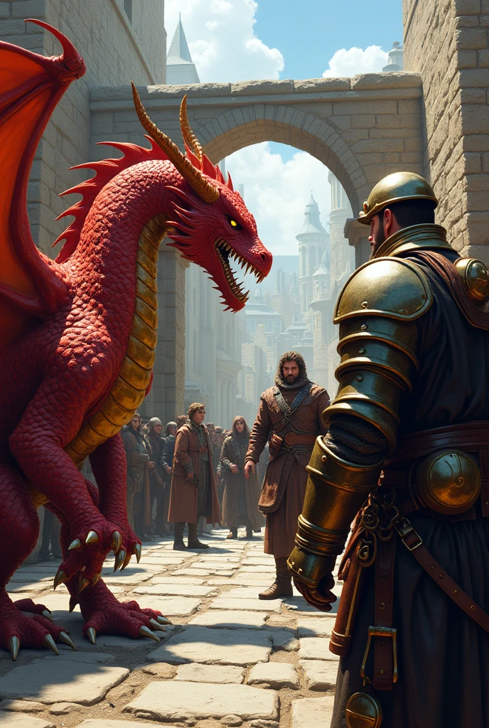 (digtal art) A red-scaled dragon-born female wearing a gold chainmail and an angry human male rogue in a stone bridge, both being stopped by a shouting medieval guard at the entrance of a medieval city, surrounded by a lot of medieval people.