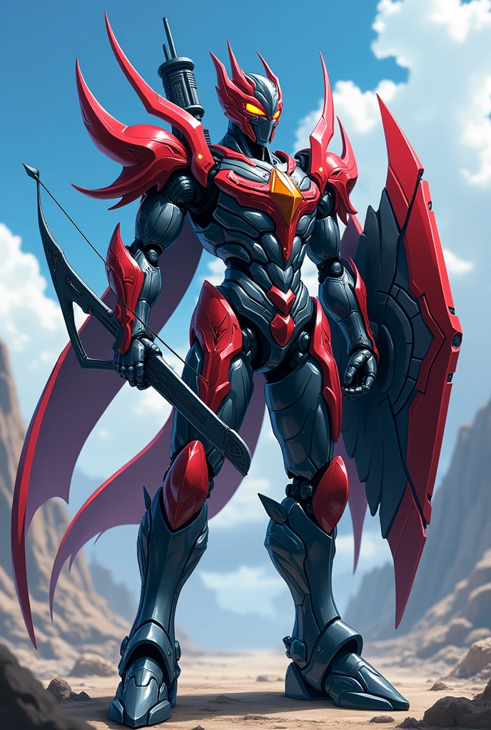 Create anime armor, with a similar appearance somewhat to kamen rider saber, ou kamen rider zero one, and also knights of the zodiac, an armor similar to these, and with a crossbow in his hand and a shield on his back.
Obs: try doing it with an anime animation