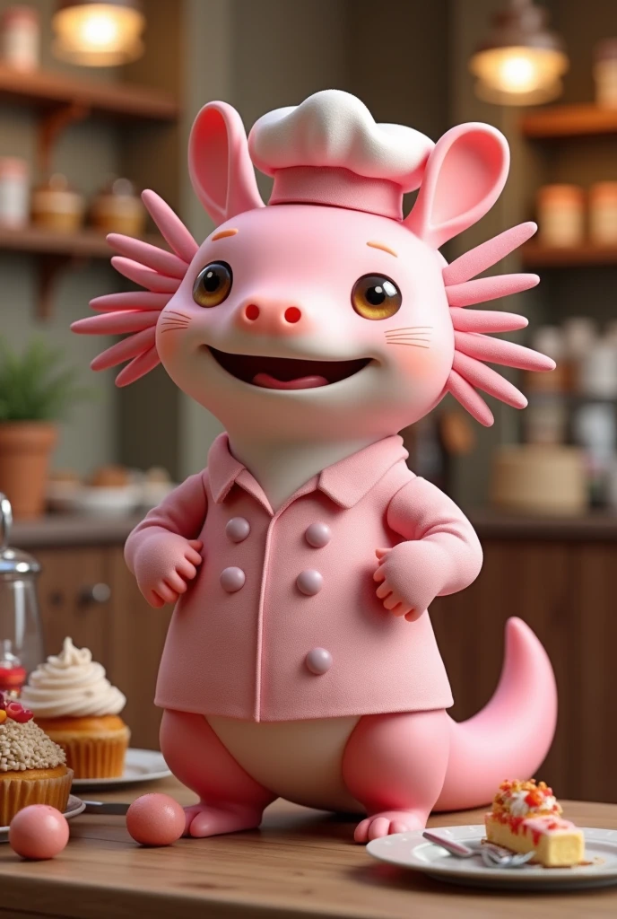 I need animal axolotl dressed as a pastry chef rose color and nomber the sweet memory, is a entreprenaut the bakery and catering but create 3 d imagen