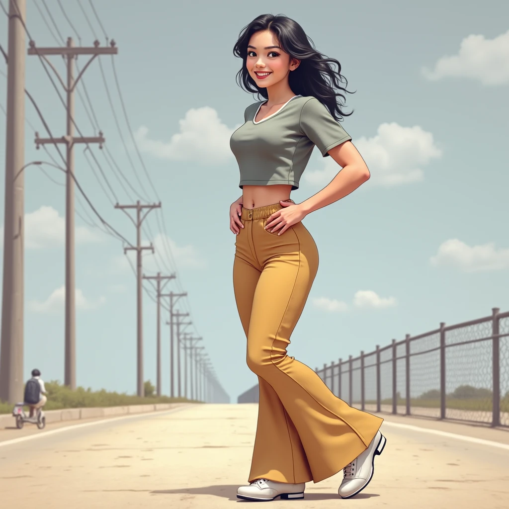 A young female football player with a very beautiful face, fair and smooth skin, a golden ratio figure, wearing a fitted short sleeved T-shirt, ironless bell bottoms, ankle coverage, slim waist, wide hips, hourglass figure, beige socks, white low heeled leather shoes, standing on the roadside in the park with her legs spread apart, the ground in front of her feet wide, and her hands on her hips. Black wavy hair, smiling, looking at you affectionately. Realistic, 8K,