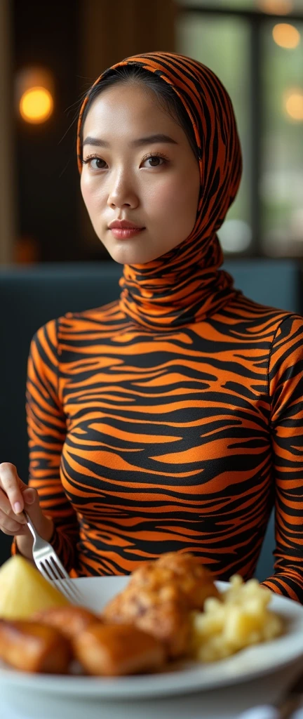 The most beautiful,thin,most pretty and clever Asian muslimah adult girl wears bengal tiger lycra turtleneck unitard catsuit covered with stripes.She always wear bengal tiger print lycra dancewear stretchy hijab covered with many stripes.She is sitting on the plastic chair and eats western food chicken chop with potato wedges at the hotel.
