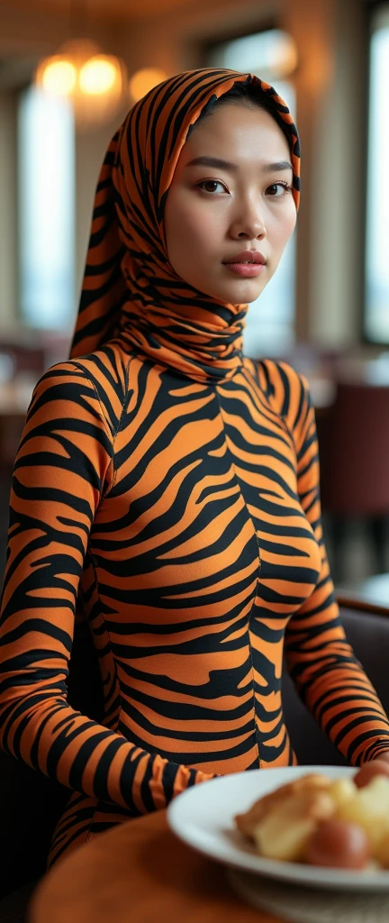 The most beautiful,thin,most pretty and clever Asian muslimah adult girl wears bengal tiger lycra turtleneck unitard catsuit covered with stripes.She always wear bengal tiger print lycra dancewear stretchy hijab covered with many stripes.She is sitting on the plastic chair and eats western food chicken chop with potato wedges at the hotel.