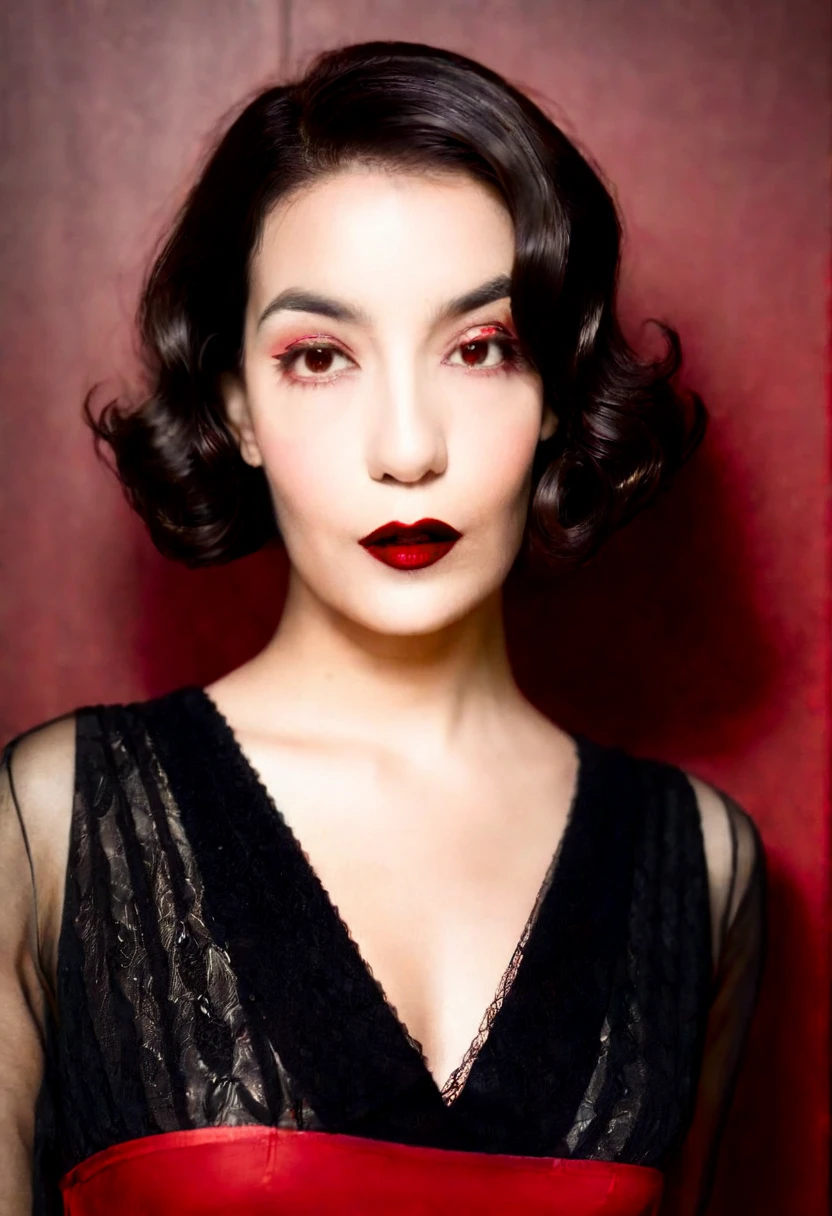 Photo noire et blanc, film noir style, Maginifique, young woman, (1920s bob hair), demi-corps, Dramatic lighting, (sepia), high contrast, ombres dramatiques, 20s style, Mysterious, cinematic, Bright red lips (((Only lips red))), (looking at viewer),