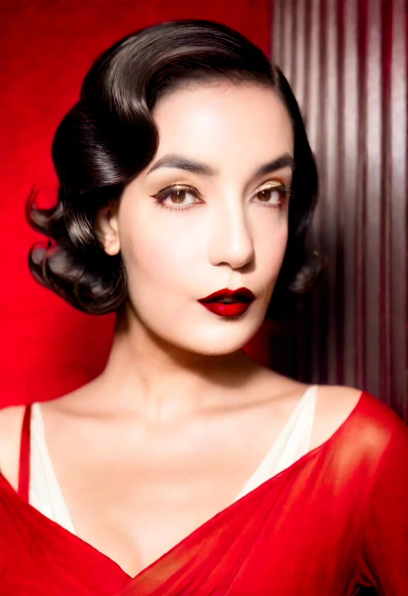 Photo noire et blanc, film noir style, Maginifique, young woman, (1920s bob hair), demi-corps, Dramatic lighting, (sepia), high contrast, ombres dramatiques, 20s style, Mysterious, cinematic, Bright red lips (((Only lips red))), (looking at viewer),