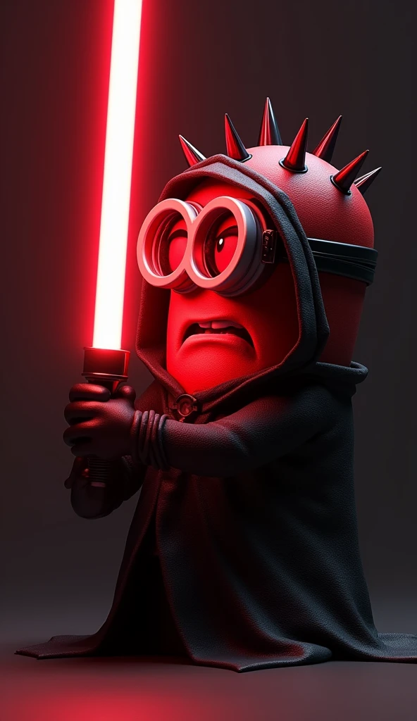 A minion from despicable me, red skin, Darth Maul like spikes on head, dressed in a dark Sith lord robe, Dark Jedi, (one eye:1.2), angry expression, scowling, (looking at viewer:1.1), holding a red lightsaber, pitch black background only illuminated by red lightsaber, perfect lightsaber, lightsaber pointed at viewer,
Highest quality, masterpiece, 4k, concept art,