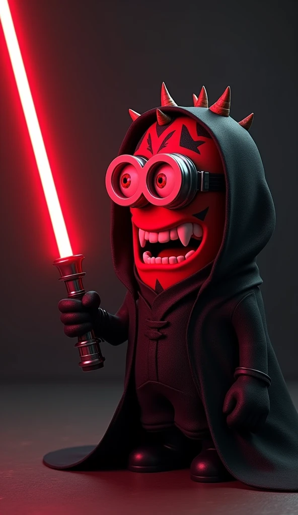 A minion from despicable me, red skin, Darth Maul like spikes on head, dressed in a dark Sith lord robe, Dark Jedi, (one eye:1.2), angry expression, scowling, (looking at viewer:1.1), holding a red lightsaber, pitch black background only illuminated by red lightsaber, perfect lightsaber, lightsaber pointed at viewer,
Highest quality, masterpiece, 4k, concept art,