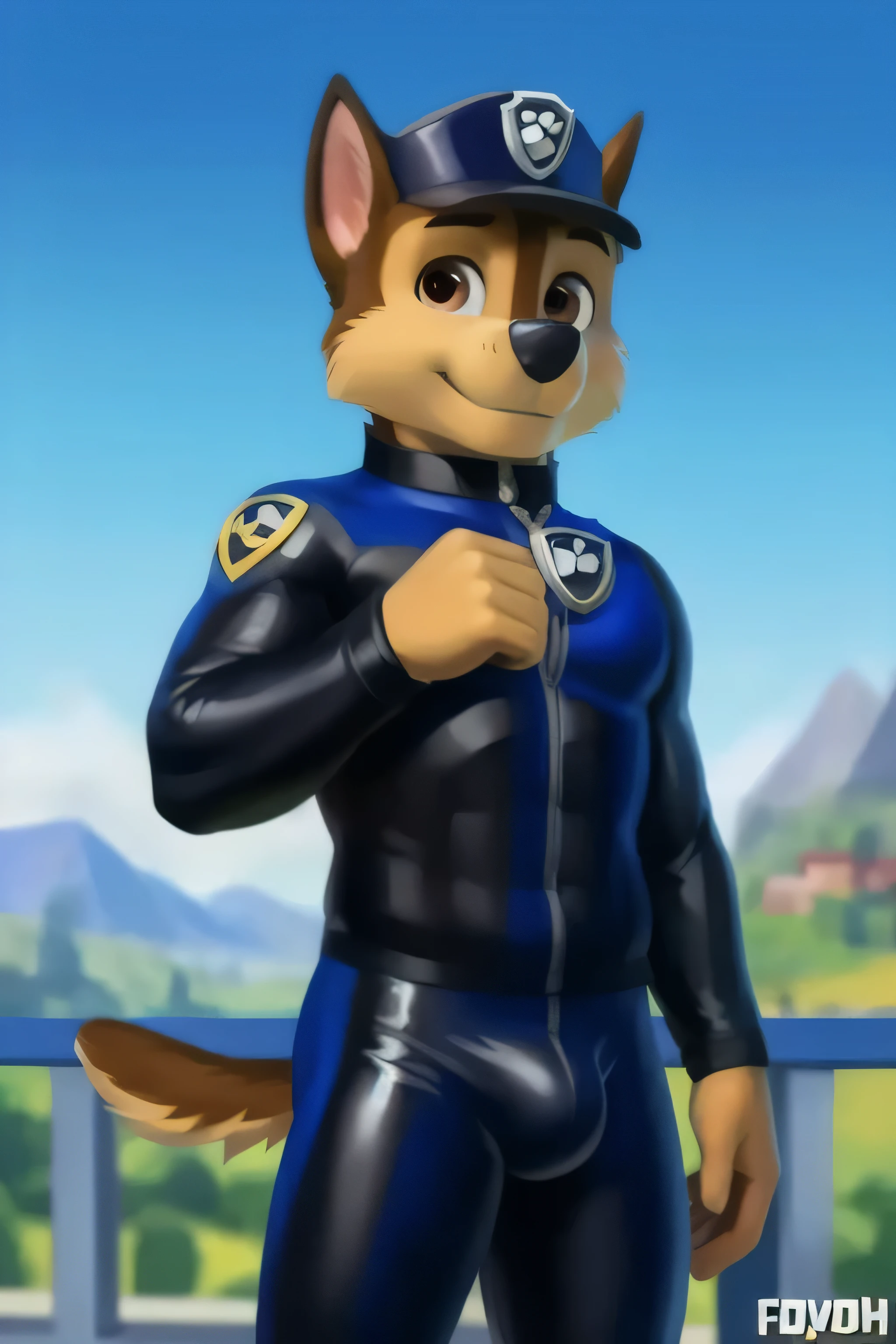 detailed fluffy fur texture, impasto impressionism, (by foxovh, ross tran, michael garmash, pino daeni, iskra), detailed eyes, highly detailed pupils, solo, furry, anthro, chase- paw patrol the movie , domestic dog, male, brown eyes, brown fur, light brown body, fur body, wearing latex suit detailed fluffy fur texture, light muscles, pecs, curvy, bulge inner fluff ears, standing, standing infron of city , daytime, 1boy, smile, sexy,