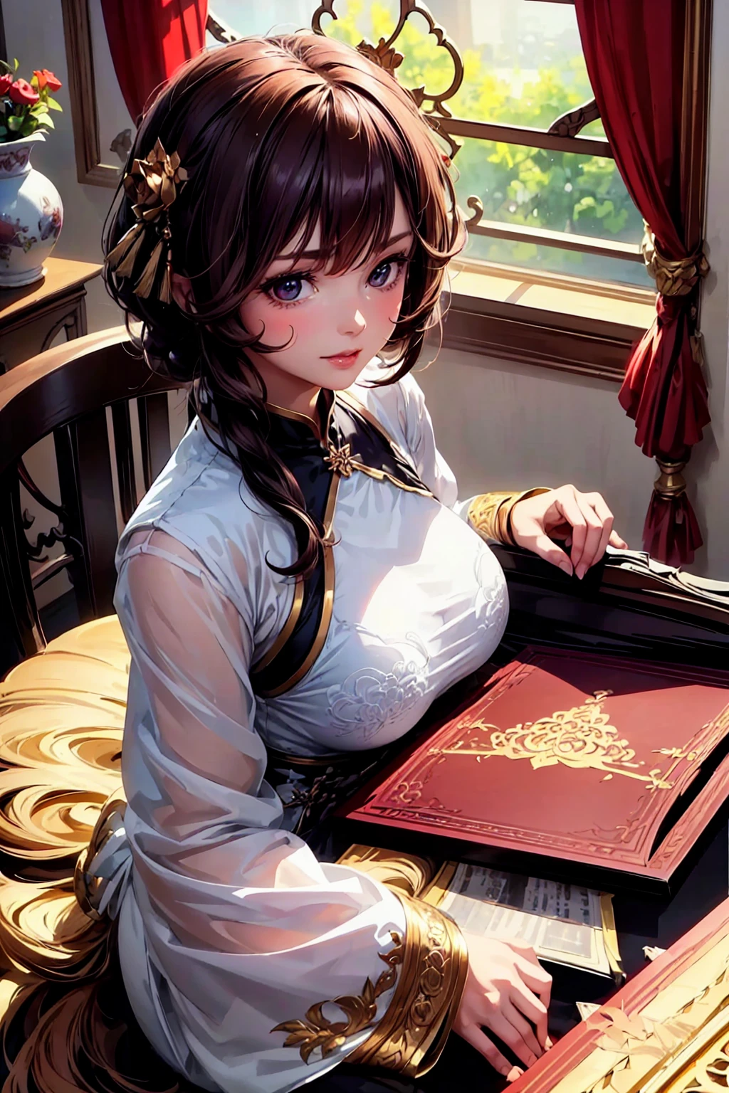 a girl in a long china dress, intricate text, window, table, brown hair, large eyes, detailed illustration, (best quality,4k,8k,highres,masterpiece:1.2),ultra-detailed,(realistic,photorealistic,photo-realistic:1.37),HDR,UHD,studio lighting,ultra-fine painting,sharp focus,physically-based rendering,extreme detail description,professional,vivid colors,bokeh,portraits,concept artists,warm colors,dramatic lighting