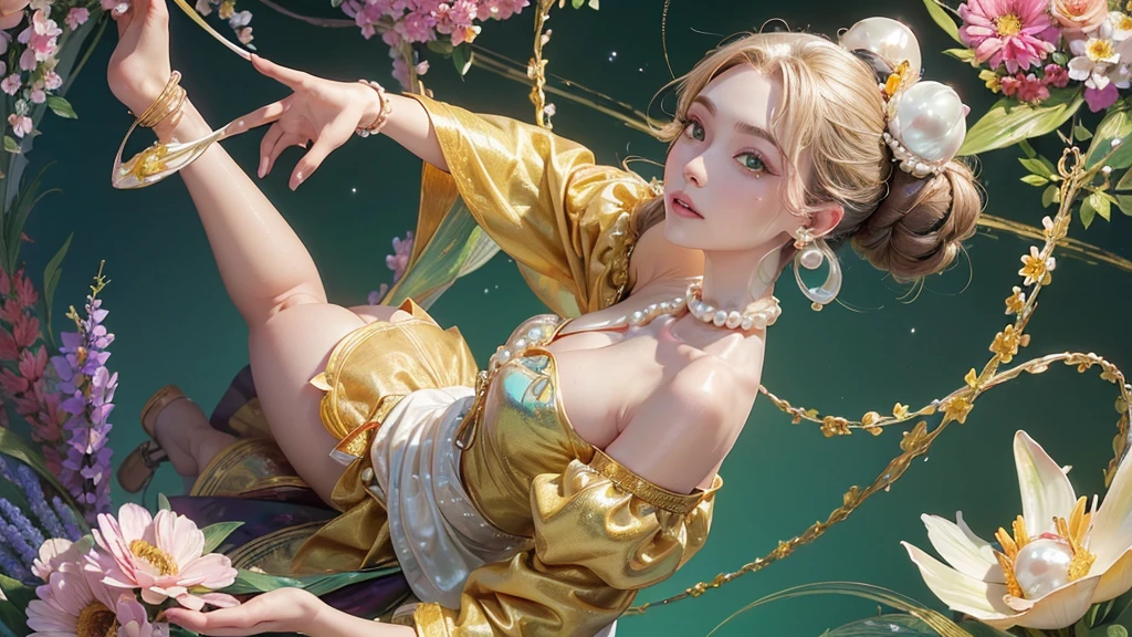 32K, 最高quality, 最高masterpiece, (ultra-Detailed Background, Detailed Background), High resolution, Super detailed, Very detailedな, 1 personの, (bouquet:1.3), (Tangled:1.2), (Geometric:1.2),(colorful),(masterpiece, quality, best quality, Official Art, Beautiful and beautiful:1.2), (1 person:1.3), Very detailed,(colorful:1.1)(Flowers:1.3),Most detailed,(Tangled:1.2), whole body, (Abstract background:1.3), (Skin glows), (Many colors:1.4), ,(Earrings Pearl:1.5), Pale yellow-green background, It's imaginative., Brunette Hair, Updo, Holding a book, Holding a pen, Satin shirt