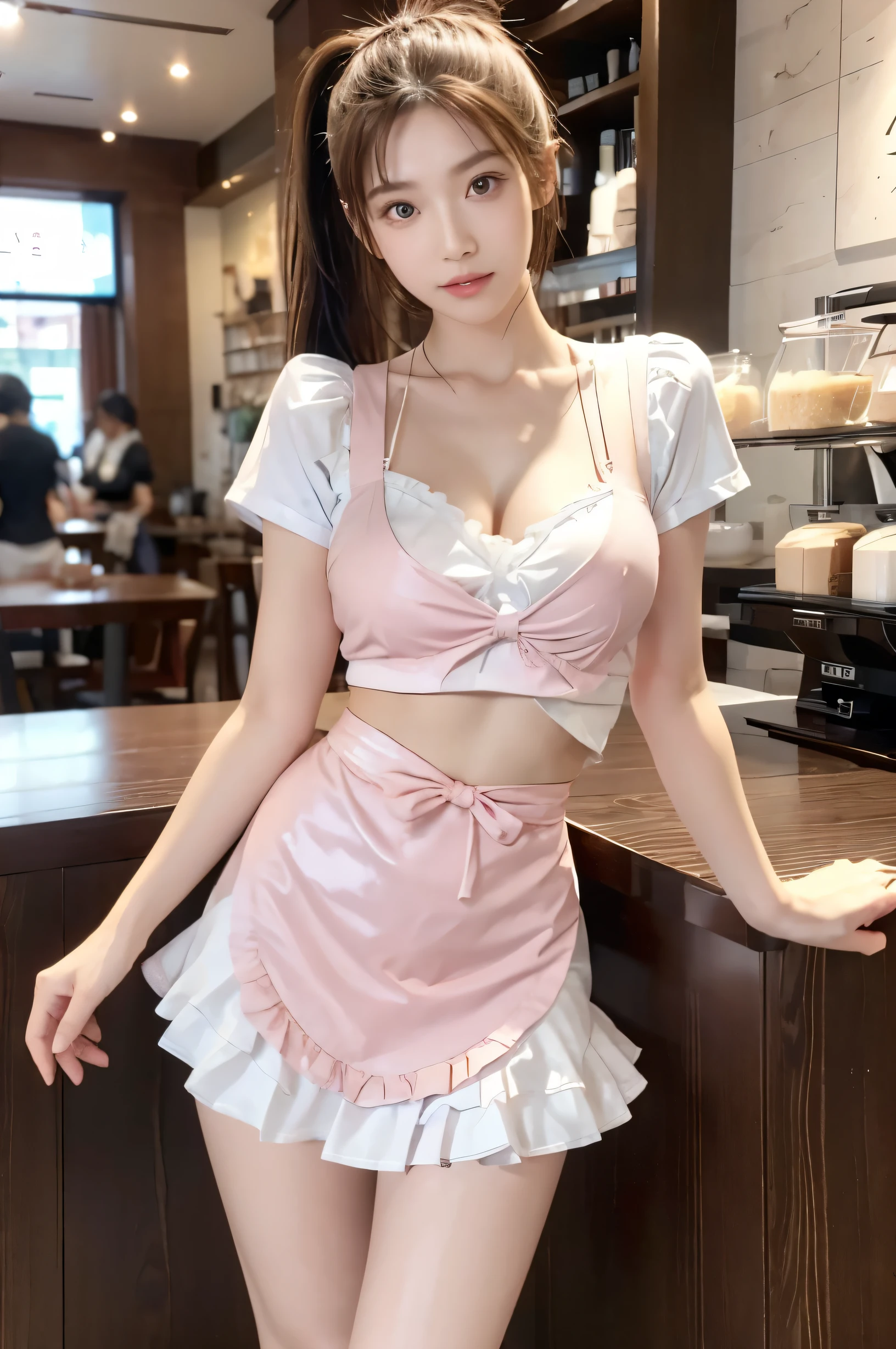 (Ultra HD), (Looking at me), (The whole body is shown), (Pink waitress:1.2, Apron with white frills), Super beautiful breasts, Big Breasts, slender, Narrow waist, (Thin legs:1.2), (Thin thighs:1.2), (Thin Hips:1.4), (Beautiful Skin, Shiny skin, White skin), (Super slim face, Super beautiful face, No makeup, Smile:0.6), (light brown, ponytail, Layered Cut, Fluffy hair), (double eyelid, Slanted Eyes), Small Nose, Thin lips, Are standing, Coffee shop