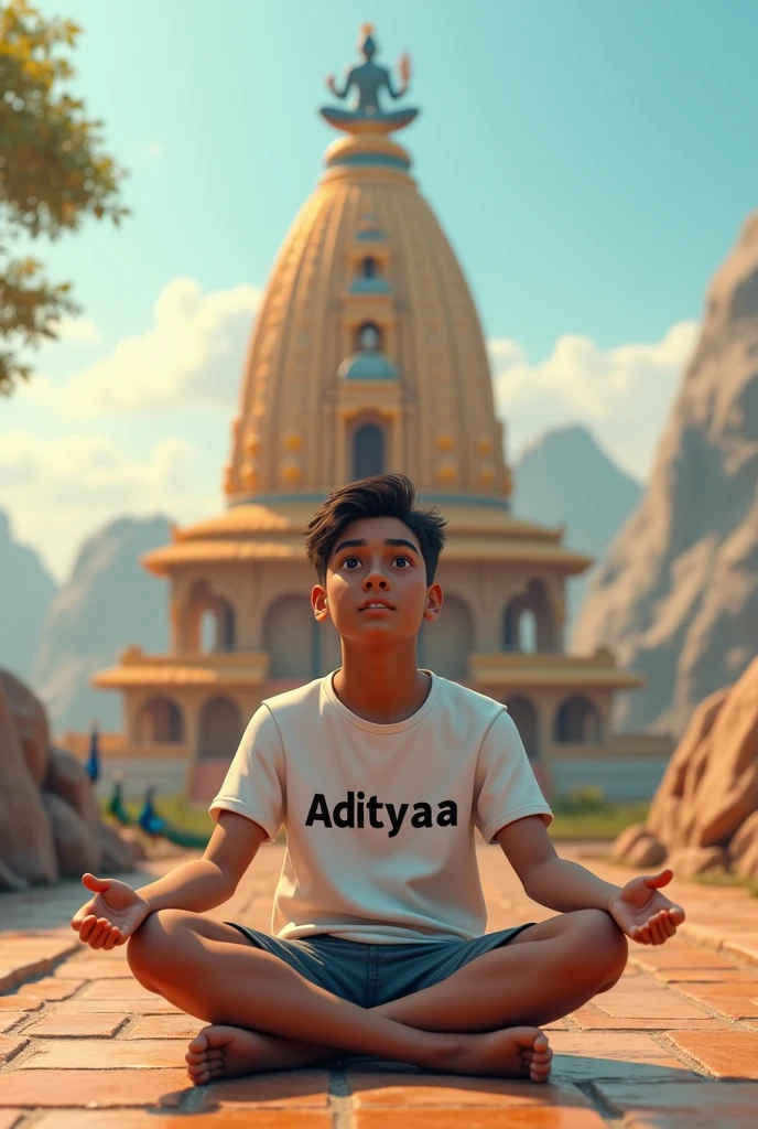 A 20 years old boy, is seated and praying in front of a Shivling adorned with flowers and belpata (green leaves). Behind him, there's a Statue of Lord Shiva. The boy is wearing a saffron kurta on which name "Ajay" written clearly , have stylish hair and look very cute, enhancing the spiritual or religious ambiance, background features with hills, sunrise.