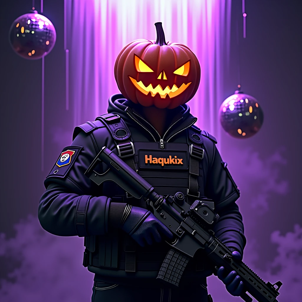 Character wearing a jack-o&#39;-lantern on his head、Equipped with a tactical jacket and rifle、Purple light is pouring down from the mirror ball above.、The jacket says HAGUKIX