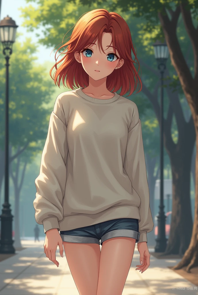 20 year old girl with dull red hair and blue eyes. his complexion is white, but not so pale. He wears a light sweatshirt, a skirt-shorts and comfortable tennis shoes.