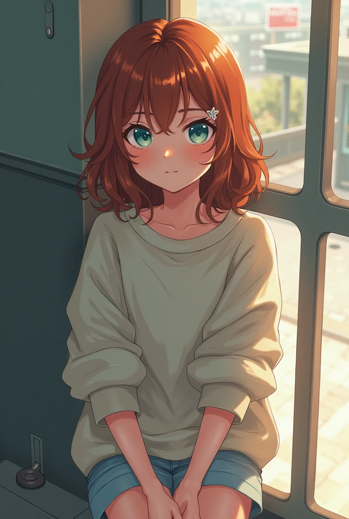 20 year old girl with dull red hair and blue eyes. his complexion is white, but not so pale. He wears a light sweatshirt, a skirt-shorts and comfortable tennis shoes.