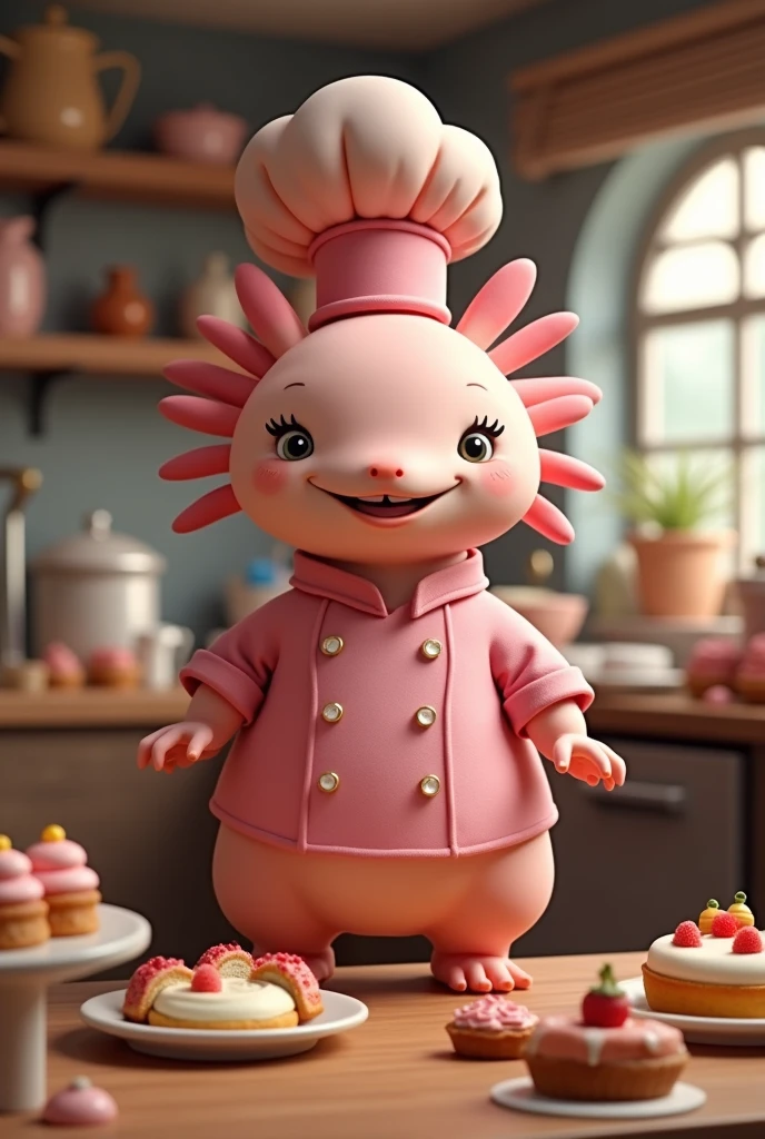 I need animal axolotl dressed as a pastry chef rose color and nomber the sweet memory, is a entreprenaut the bakery and catering but create 3 d imagen