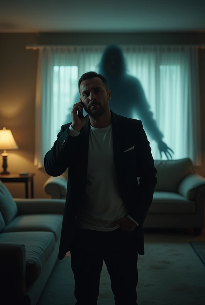 The first man now stands in his home, in a well-lit living room, talking on his phone with a worried expression. The background is out of focus, but there’s a faint, eerie shadow behind him, hinting that someone or something is lurking nearby. The atmosphere is tense and ominous