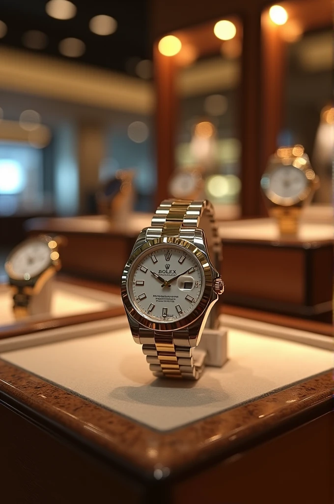 Generate a realistic 4k picture of the watch counter in a shopping mall at night and lights should be asethatic this counter contains a lots of branded watches tjis counter is present in a shop in which lights are decorated perfectly asethatic and make a picture of a watch of rolex company for girls that should be present in watch counter where many watches are present but other watches must seems blir and one desire Watch of rolex company should be focused. The watch colour must be contrast of silver and gold