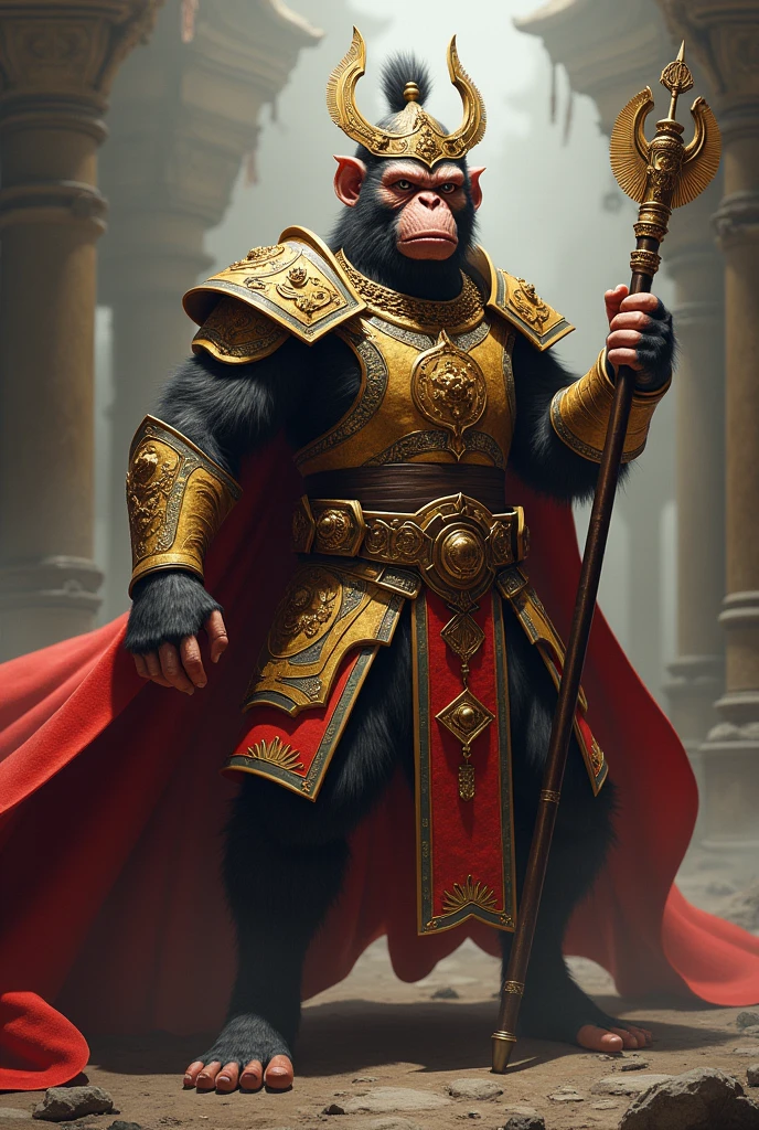 Man, monkey face, serious expression, in golden and brown full-body dynasty armor, two antenna-like plumes headdress, wielding a long metal bo stick with gold on two edges, red flowing cape, dynamic pose, fantasy vibe,