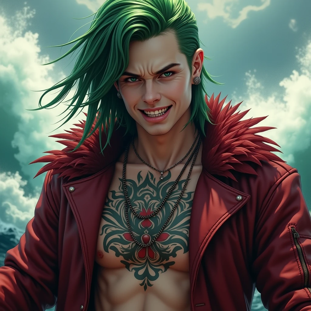 high resolution、Realistic、masterpiece、8k、Russian man、Young people、tall、Green reverse hairstyle、Long Hair、cheekbones are protruding、Shaky jaw、(((no eyebrows)))、Sharp eyes、Long, pointed canines、Sharp teeth、Nose ring piercing、smile、A big smile、Large tattoo in the center of the chest、Dark red feather collar jacket、open breast、On the boat