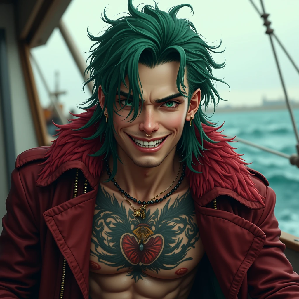 high resolution、Realistic、masterpiece、8k、Russian man、Young people、tall、Green reverse hairstyle、Long Hair、cheekbones are protruding、Shaky jaw、(((no eyebrows)))、Sharp eyes、Long, pointed canines、Sharp teeth、Nose ring piercing、smile、A big smile、Large tattoo in the center of the chest、Dark red feather collar jacket、open breast、On the boat
