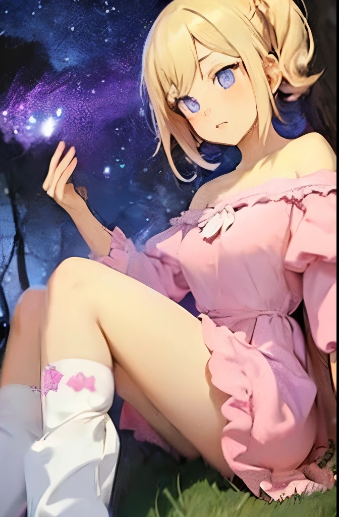 Light blonde haired anime girl with pale blue purple eyes wearing pink off shoulder puffy sleeves dress and knee length white boots sitting in the woods next to an orange mushroom surrounded by fireflies under starry sky sitting  