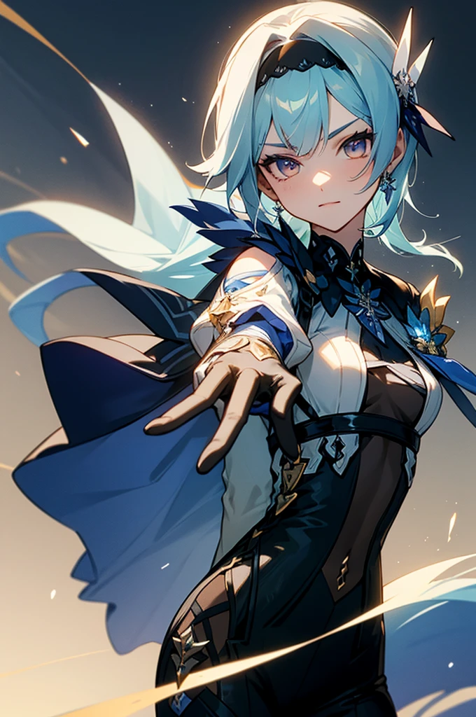 Face:
Skin: Very pale, almost porcelain-like.
Expression: A warm, confident smile, showing subtle amusement or joy.
Eyes: Large, almond-shaped, blue with a hint of purple, slightly sparkling, making direct eye contact with the viewer (looking at the camera).
Eyebrows: Thin and slightly arched, matching her hair color.
Lips: Soft pink, gently curved in a smile.
Nose: Small and slightly pointed, delicate and well-proportioned.
Hair:
Color: Light blue, soft and silky with a slight wave.
Style: Long, reaching mid-back, partly tied into a low ponytail, leaving some strands loose to frame her face.
Bangs/Fringe: Side-swept, slightly covering part of her forehead.
Texture: Smooth, with a natural shine.
Outfit:
Main Colors: Blue, white, and black.
Upper Body:
Armor: Tight-fitting, sleek, and elegant, with detailed gold embroidery and accents.
Shoulders: Armored shoulder pads, small but intricately designed with gold details.
Chest: Decorated with ornate designs, a blend of form-fitting armor and elegant fabric.
Gloves: Long, black leather gloves that cover her hands and wrists, fitted and stylish.
Lower Body:
Skirt: Asymmetrical, long on one side, shorter on the other, the back part extending further down like a tailcoat.
Skirt Details: Edges are trimmed with gold, flowing fabric that moves with grace.
Boots: High, black, and form-fitting, reaching just below the knee, with slight heels.
Accessories:
Necklace: A silver or gold chain with a large, glowing gemstone in the center, resting at her collarbone.
Earrings: Small, matching her necklace, subtly sparkling.
Sword: Large Claymore, strapped to her back, visible but not the focus, decorated with intricate engravings and a glowing blue crystal embedded in the hilt.
Pose/Expression:
Posture: Standing tall and strong, slightly angled towards the camera.
Expression: A confident, gentle smile, eyes full of warmth and directness.
Head Position: Slightly tilted, adding a playful, approachable feel.
Body Language: Relaxed yet