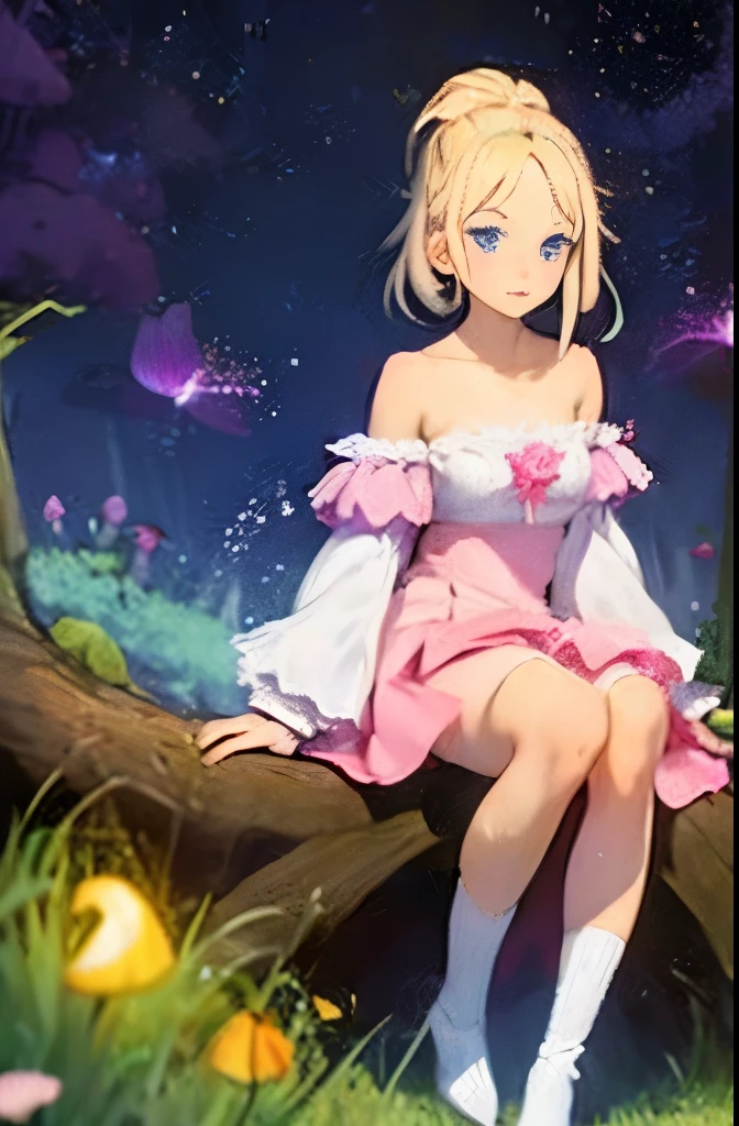 Light blonde haired anime girl with pale blue purple eyes wearing pink off shoulder puffy sleeves dress and knee length white boots sitting in the woods next to an orange mushroom surrounded by fireflies under starry sky sitting