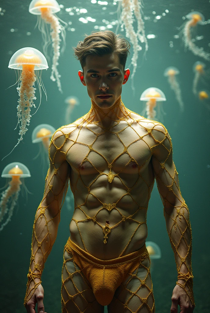 a beautiful man with golden net around his body below with erect penis, and jellyfish