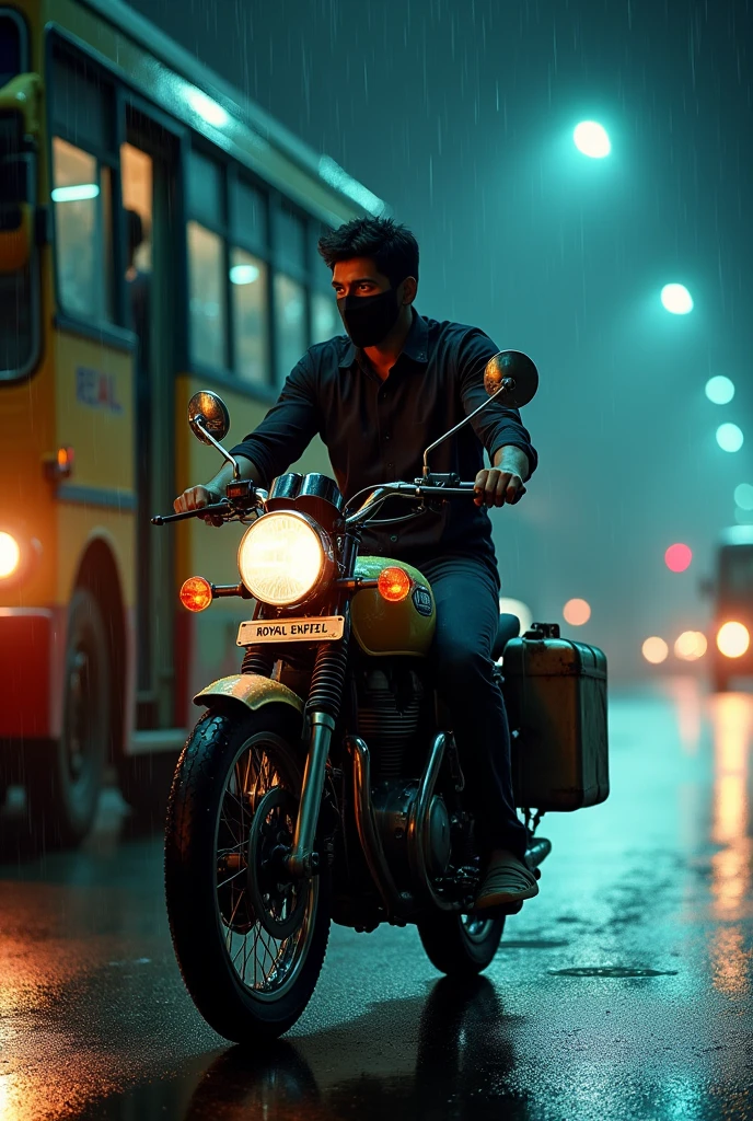 A young masked indian man riding royal enfield bike in night with milk cans attached with the bike in slowly rain and neon lights reflects by the rain drops on indian streets in side view from the running bus