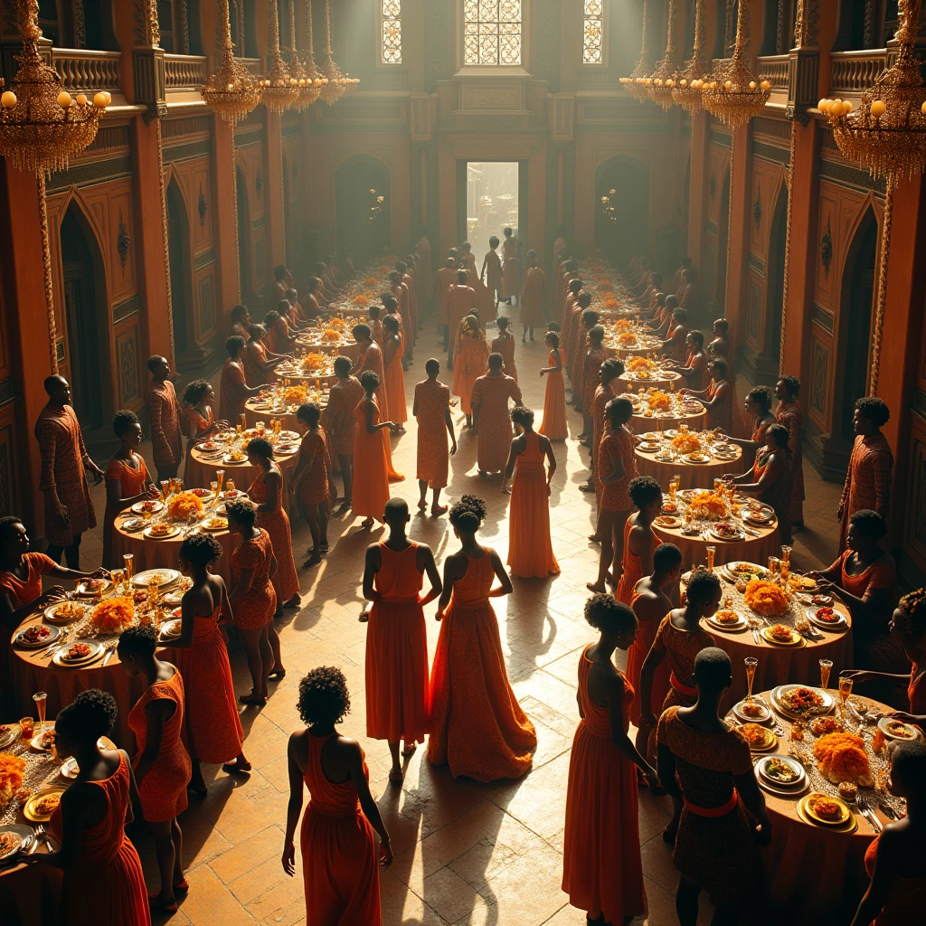 /imagine the aerial view shot of a large realistic intricately detailed beautiful medieval fantasy celebration room/hall background featuring realistic intricately detailed Africans wearing gorgeous medieval fantasy outfits of diverse styles and colors, some are sitting and eating at various realistic intricately detailed decorated tables with a lot of realistic assorted delicious medieval fantasy dishes on them while many are dancing. featuring realistic beautiful medieval fantasy interior architecture, decorations, designs and furniture, armored knights (royal guards) standing at the corners of the celebration room/hall : cinematic lighting, dynamic lighting blends seamlessly with natural light, ultra HD resolution, photography, photorealistic quality, high details, whimsical, ethereal ambience, realistic.