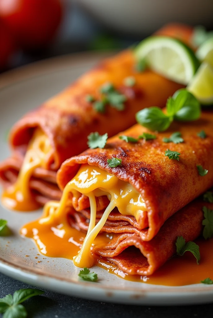 Potosina enchiladas,with lots of cheese inside, just the red tortilla, in the shape of quesadillas , that the shape is not like a taco but rather like a flattened quesadilla