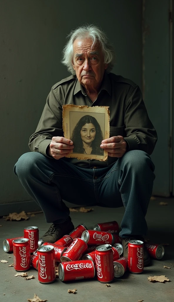 "A sad person looking at a pile of empty Coca-Cola cans, holding a photo of their younger, healthier self."