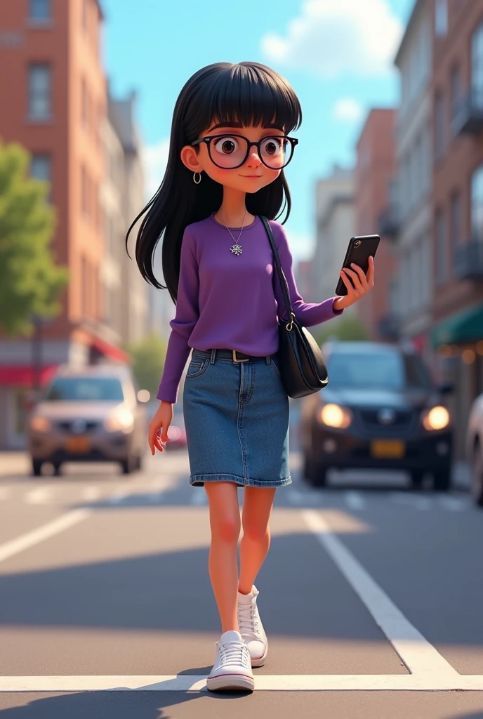 Pixar-style poster with a short girl with thinned hair, long smooth black color, fringe on the right side, He wears glasses with thin, dark purple rims., He wears small silver hoops in his ears, a black wallet hanging on his left side. She wears a purple sleeved blouse and a knee-length fitted denim skirt., white low converse tennis shoes. In his right hand he has a cell phone. He is walking on the street where there are cars