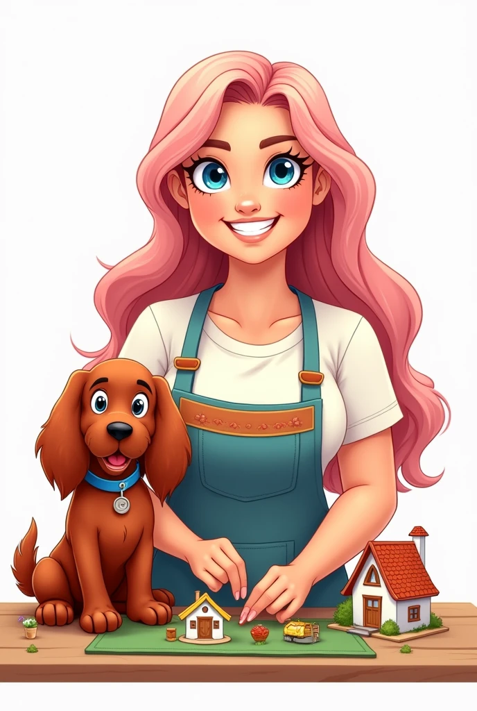 draw basic,  line art style, Disney vector. Create avatar of curvy craftswoman, very beautiful, upper body. Long light pink hair, blue eyes, wide smile, white t-shirt with apron. She is with a charming red irish setter dog. in the table, working with mini houses dioramas. Specific art, fanart, sweet color, white background, clipart illustration, simple art, cartoon 2D, no shading, PNG, front view, close up