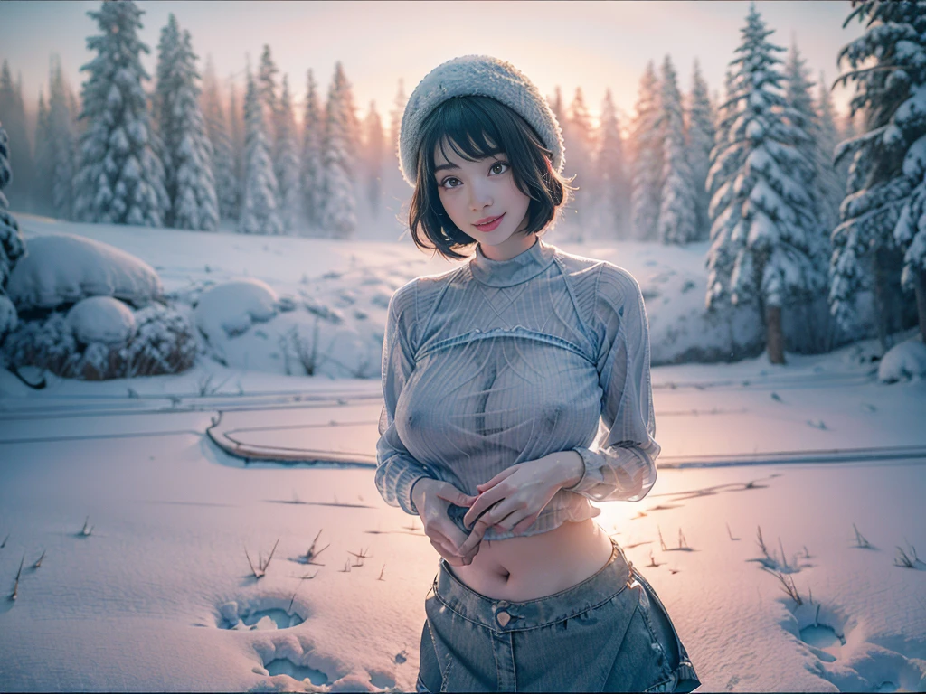 (Coniferous forest covered with heavy snow in the background,Blizzard,Without sunlight,Gray atmosphere:1.2),Extreme Clarity,A beautiful,High Detail,8K resolution,Clear eyes,Smile,(Brown short hair),Perfect facial features,(Wooden window frames),(A full-body photo with a furry hat),(emphasize,Inside wearing a light blue transparent floral halter top,Light blue transparent short skirt),individual