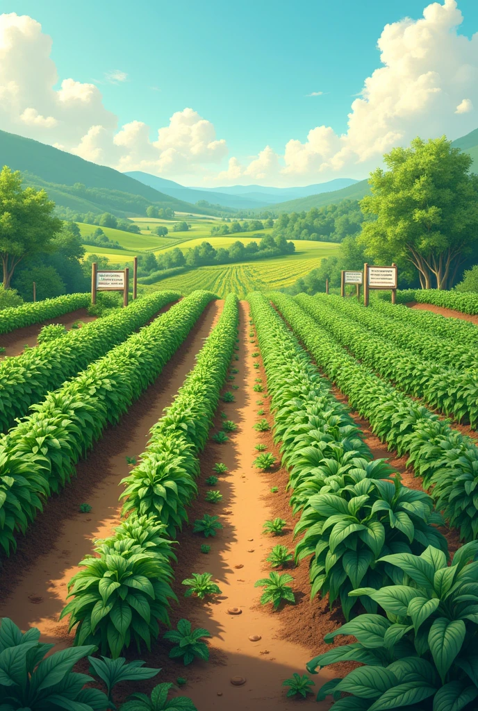 Requested illustration:

Create an image that represents sustainable agricultural practices, focusing on organic farming and reducing the use of agrochemicals.

Details to include:

Sustainable farming field:

Show a field with healthy, well-tended crops using organic farming practices.
Representing elements such as composting, Natural fertilizers and cultivation techniques that avoid the use of agrochemicals.
Comparison of methods:

Include a visual contrast between an organic field and one that uses agrochemicals, highlighting the absence of chemical packaging in the sustainable field.
Education and promotion:

Include signs or posters that promote organic farming and the reduction of the use of agrochemicals.
Style and Colors:

Natural and healthy style, with vibrant green colors to highlight the vitality of the countryside and crops.
Clear details to emphasize sustainable practices.


