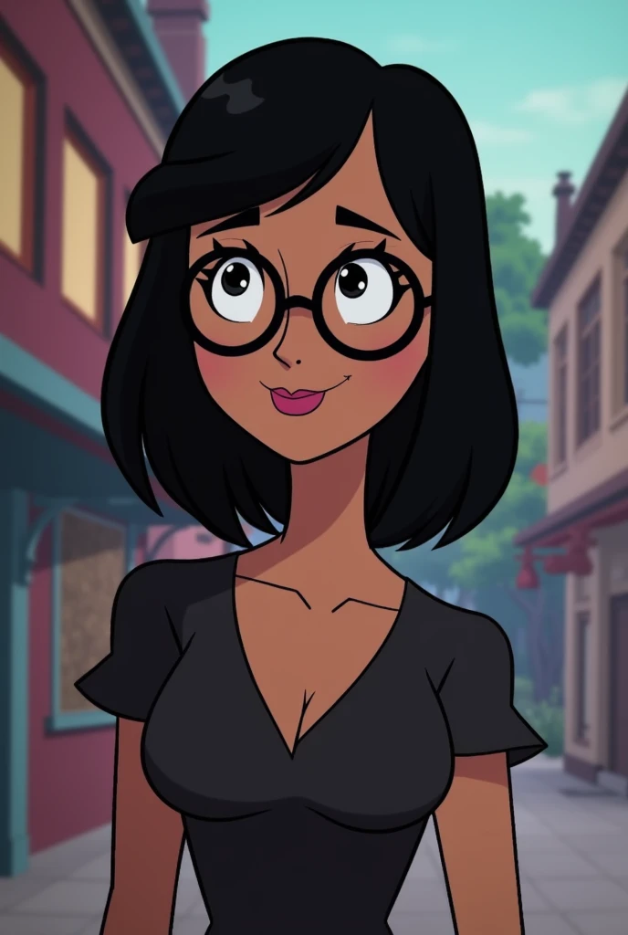 Gravity falls screenshot.
Girl with black hair cut that reaches her nipples.
He has black eyes and wears glasses.
has a happy expression.
He is wearing elegant women's clothing.
Her body is medium-fat and hourglass-shaped..
Gravity falls appears in the background
