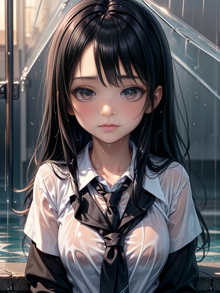 One person, Long black hair,girl uniform, shy, blush, Wet, rain, transparent, (masterpiece, Highest quality), Soft Light, Structure of the film, Cinematic Light