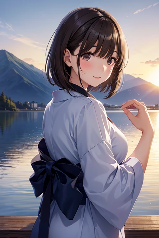 anegasaki nene、Shiny brown hair, short hair, (Beautiful brown eyes、Sparkling eyes, Fine grain)、smile、超detailedな目、非常にdetailedな顔, 非常にdetailedな目,
Highest quality, masterpiece, anime, , Beautiful Eyes, young, Expressive Face, kimono, Retro, Fuji Mountain、Wind景, Outdoor, sunset, Beautiful sky, Picnic at the lake, scenery, horizon, Mountain sitting near the mountain, Wind, petal, spring, avert your eyes, Atmospheric lighting, reflection, Naturalistic, detailed, realism. relaxation, beauty, Focus Only, close, From the side, Written boundary depth, Bokeh