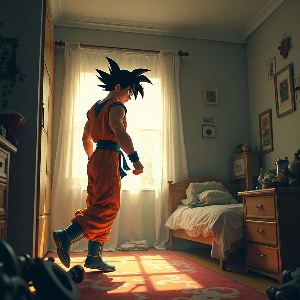 Goku is in his room, enjoying a quiet moment after an intense workout. without prior notice, decide to experience something new and, using his ability to manipulate his energy, starts walking along the wall. While doing so, observe the environment from a different perspective, noticing details that I hadn't seen before. How does Goku feel about experiencing this new way of moving in his own space?? What thoughts are going through your mind as you explore your room from this unusual perspective?