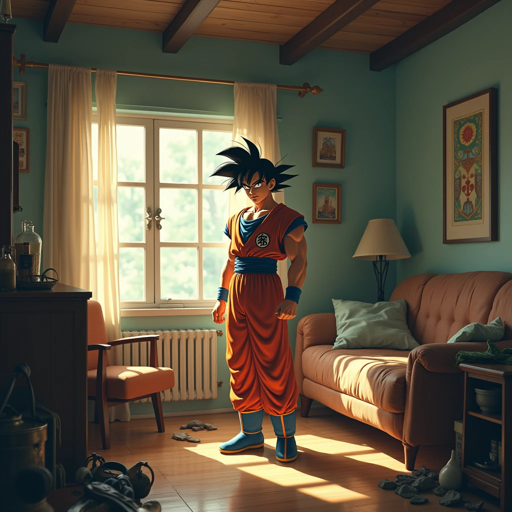 Goku is in his room, enjoying a quiet moment after an intense workout. without prior notice, decide to experience something new and, using his ability to manipulate his energy, starts walking along the wall. While doing so, observe the environment from a different perspective, noticing details that I hadn't seen before. How does Goku feel about experiencing this new way of moving in his own space?? What thoughts are going through your mind as you explore your room from this unusual perspective?
