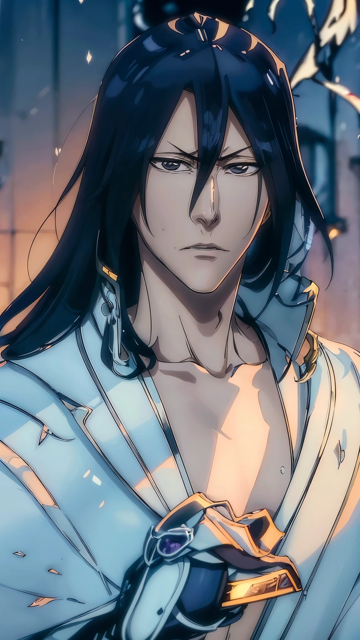 Byakuya Kuchiki from Bleach, handsome, male, black hair, medium-long hair, face detailed, perfect eyes,shirtless, fitness, pale skin, ((best quality)), ((master part)), ((detailed)), 16k, HDR, RTX, (masterpiece, aesthetic: 1.3), (1 man), perfect hands, (dynamic pose:1.2), close-up, portrait.